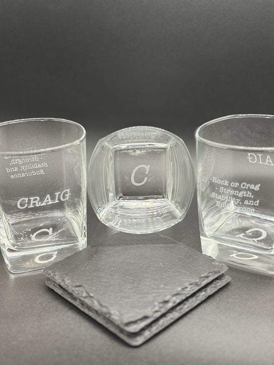 Personalized 12 oz square Double Old Fashioned glass with custom laser engraving
