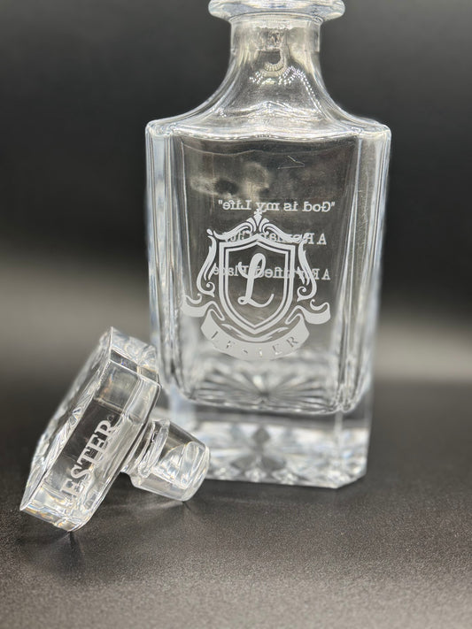 Personalized 750ml engraved decanter with custom crest and name