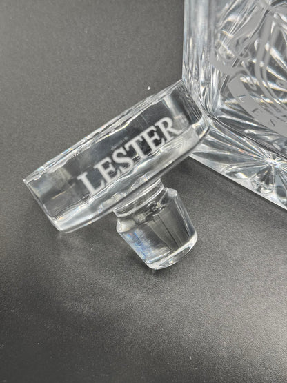 Close-up of personalized engraved decanter stopper